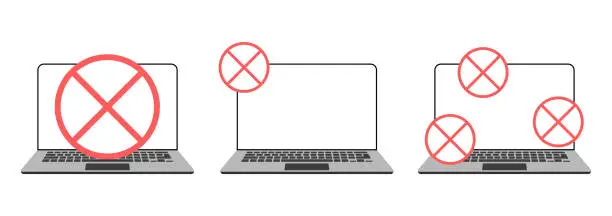 Vector illustration of Banned laptop sign. Warning, laptop with forbidden sign on screen, security system