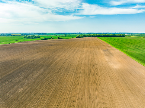 Aerial view of a harvested wheat field