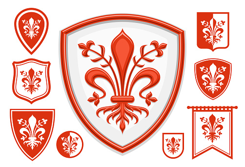 Vector Florence Emblem Set, horizontal poster with lot collection of 9 isolated illustrations of red and white florence coat of arms, decorative flag with group of historical florence decor shields