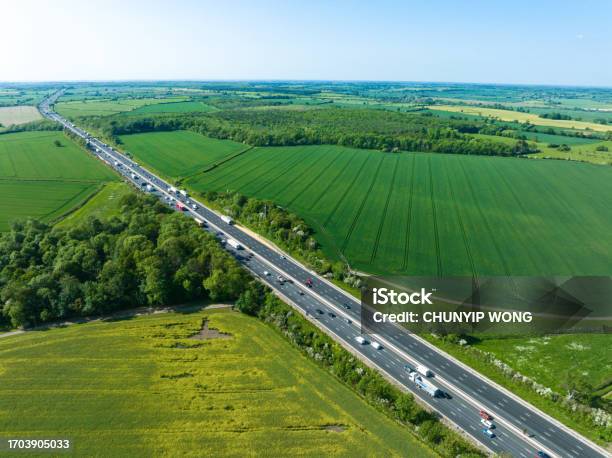 An Aerial View Of A Straight Section Of The M1 Motorway Through The English Midlands Stock Photo - Download Image Now