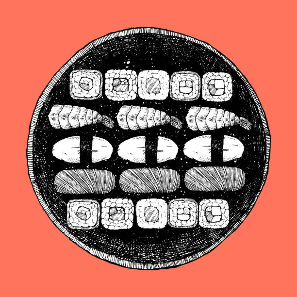Vector illustration of Hand-drawn illustration of Japanese Sushi Rolls.