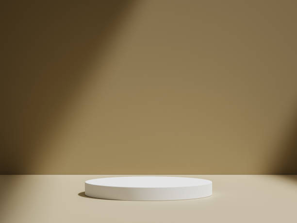 istock Round white ceramic podiums forming a cylinder on brown background. Perfect platform for showing your products. Three dimensional illustration 1703917409