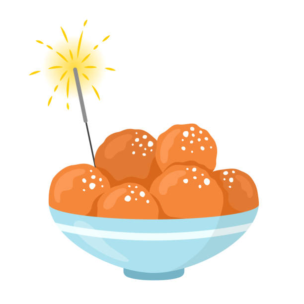 stockillustraties, clipart, cartoons en iconen met oliebollen. bowl with dutch traditional doughnuts with sugar. typical fried sweets for new year celebration. - oliebollen