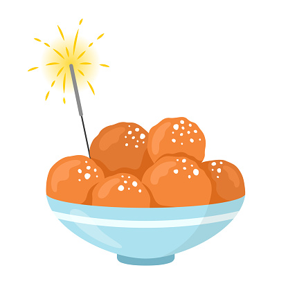 Oliebollen. Bowl with Dutch traditional doughnuts with sugar. Typical fried sweets for New Year celebration. Vector illustration isolated on white background.