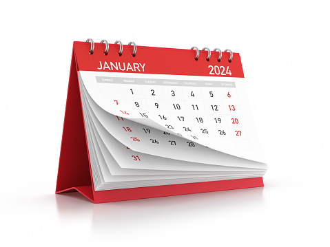 Red 2024 January Monthly Desktop Calendar Isolated on White Background (Object and shadow are separated as path.) stock photo