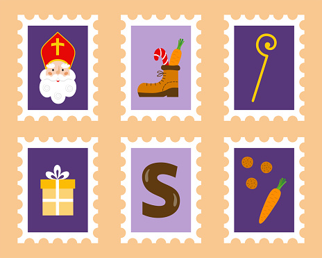 Postage stamps with Dutch or Belgium winter holiday symbols. Sinterklaas, crosier, gift box, shoe, carrot with pepernoten cookies and chocolate S letter. Saint Nicholas Day theme. Vector illustration.