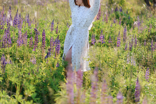 Cropped photo of a woman in a white dress in a field with lupins