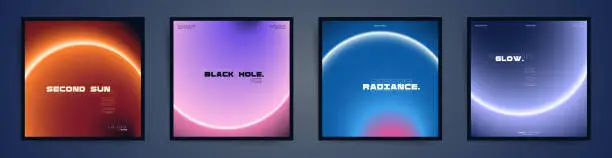 Vector illustration of Gradient Square Card or Post Templates with Neon Abstract Rings and Futuristic Technology Font in Dark Space Theme.