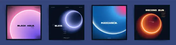 Vector illustration of Set of Neon Gradient Rings on Dark Space Square Background. Futuristic and Brutalist Cyberpunk Tech Cards Covers for Modern Music Events and Science Exhibitions.