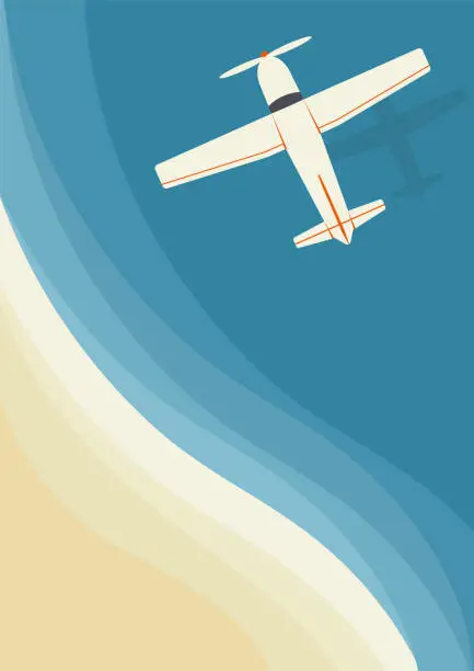 Vector illustration of Plane flies over water near seashore summer vector illustration.