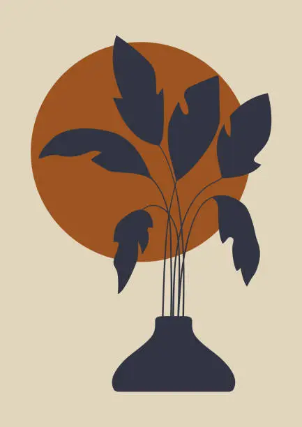 Vector illustration of Aesthetic illustration with ceramic vase and leaves. Pottery workshop.