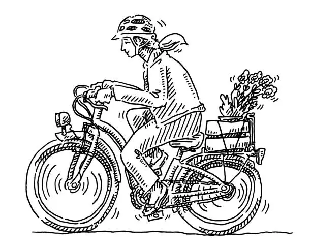 Vector illustration of Woman On Bicycle With Flowers Drawing