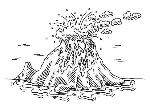 Hand-drawn vector drawing of a Sea Volcano Eruption. Black-and-White sketch on a transparent background (.eps-file). Included files are EPS (v10) and Hi-Res JPG.