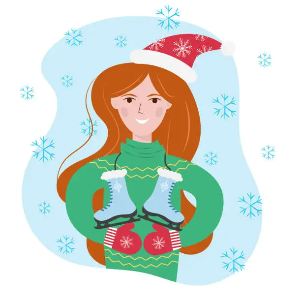 Vector illustration of A young woman in winter clothes, and a Santa Claus hat holds figure skates, New Year character, suitable for Christmas cards, invitations, New Year and Christmas illustration. Vector illustration