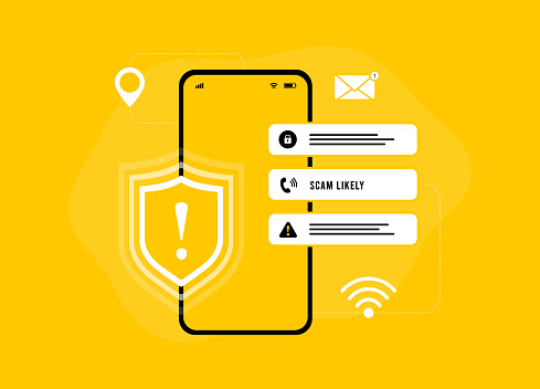 Malware notification, Mobile Fraud Alert concept. Protect from Scam calls and Online Threats, email spam or virus. Vector isolated illustration on yellow background with icons.