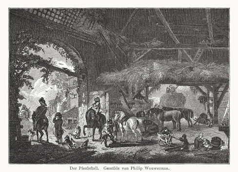 The Inn Stable. Wood engraving after an oil painting (1649) by Philips Wouwerman (Dutch painter 1619 - 1668) in the Old Masters Gallery, Dresden, Germany, published in 1878.