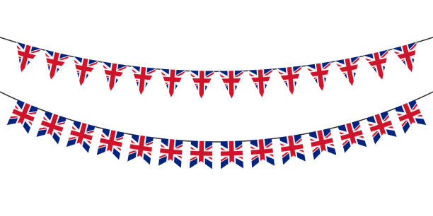 istock Flag garlands. Festive bunting. Triangle banners with the UK flag. Birthday decoration. Background decor for celebration in Britain. Flat color. Vector sign. 1704034401