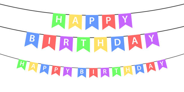 istock Flag garlands. Festive bunting. Triangle banners. Birthday decoration. Happy birthday text. Background decor for celebration. Colorful, flat color. Vector sign. 1704034415