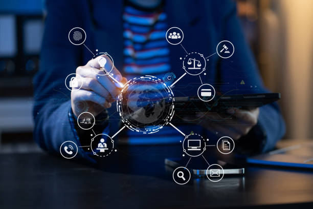 istock Copyright or patent concept, Person hand using laptop computer, tablet with virtual screen copyright icon trademark, Creation ownership against piracy at office. 1704037135