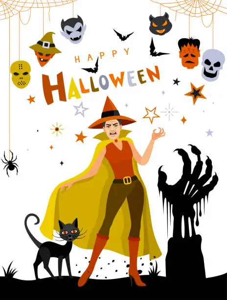 Vector illustration of Halloween Poster. Halloween Concept. An Angry Witch.