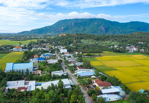 Aerial photo of Ta Pa church and Ta Pa pagoda, Tri Ton town, An Giang province