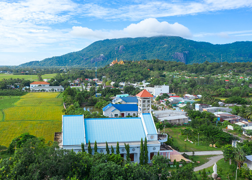 Aerial photo of Ta Pa church and Ta Pa pagoda, Tri Ton town, An Giang province