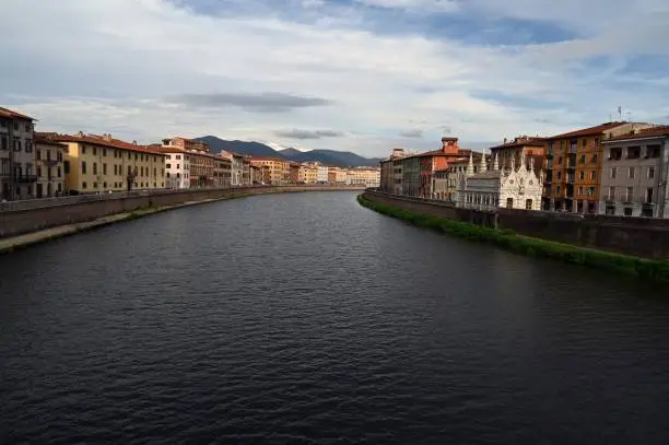 Bank of the Arno of the city of Pisa with the church of Saint Mary of the Spina