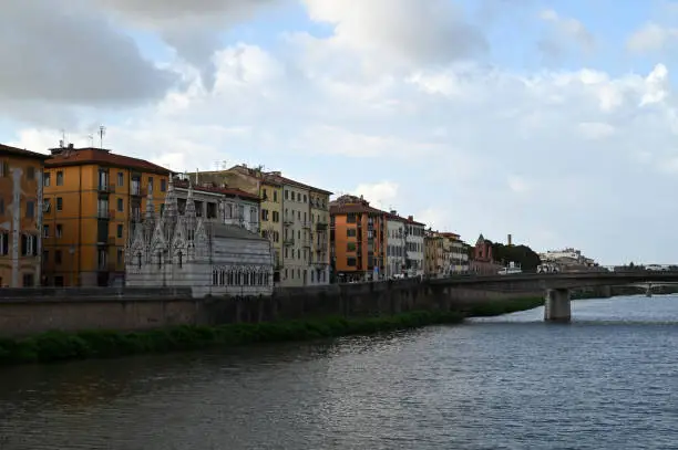 Bank of the Arno of the city of Pisa with the church of Saint Mary of the Spina