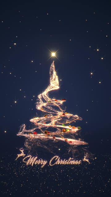 Merry Christmas and Happy New Year with glowing christmas tree and snow particles in vertical format