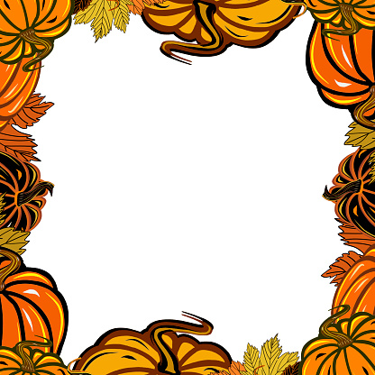 Frame of pumpkins with fall leaves.  Illustration on a white background for your design, decorating invitations and cards, making stickers, scheme for embroidery, printing on packaging and textiles, creating patterns.