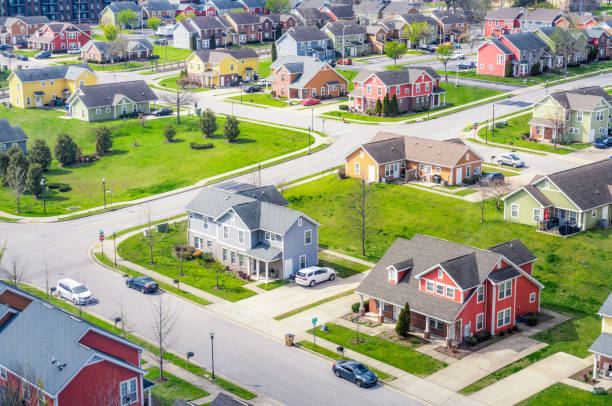 aerial view of modern homes - photography landscape street built structure imagens e fotografias de stock