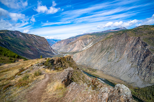 View of the Chulyshman valley with the Chulyshman river at the Katu-Yaryk pass. Altai Republic, Siberia, Russia