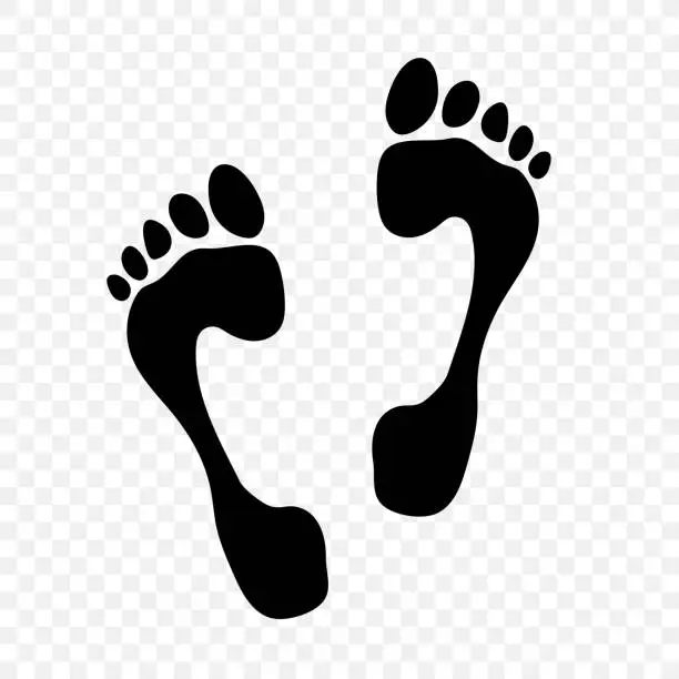 Vector illustration of Trace of bare human foot. Black silhouette of human traces. Footprint path. Vector illustration on checkered background.