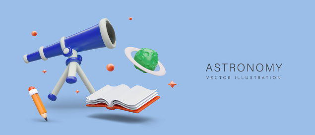Astronomy concept. Telescope, planet, book, pencil. Observation of sky. Vector floating objects, place for text. Advertising for observatory, planetarium, educational tours