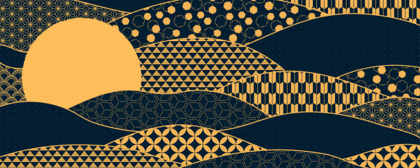 Traditional Asian patterns abstract background Traditional Asian patterns abstract background, gold on blue. Oriental, eastern style vector illustration. Design concept for Chinese New Year, Mid autumn festival elegant minimal card, poster, banner japanese style cloud stock illustrations