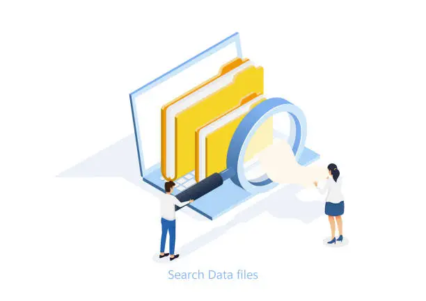 Vector illustration of Business concept search data file. Businessman holding a magnifying glass on computer. Isometric vector.