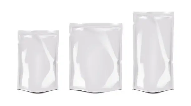 Vector illustration of White glossy zip lock plastic bag vector mock-up set. Blank zipper stand-up pouch package mockup kit