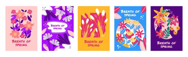 Vector illustration of Spring graphic pattern, abstract plant cards. Easter summer holiday posters, colorful happy invitations. Flowers and leaves bright colors doodles. Vector garish illustration background