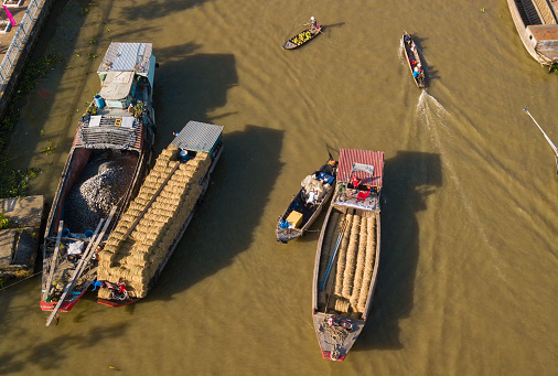 Aerial photo of Nga Nam floating market, a famous market located on a river divided into 5 branches, Soc Trang province