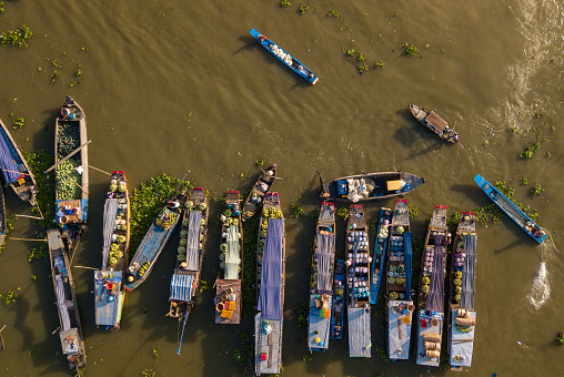 Abstract aerial photo of Nga Nam floating market, Soc Trang province