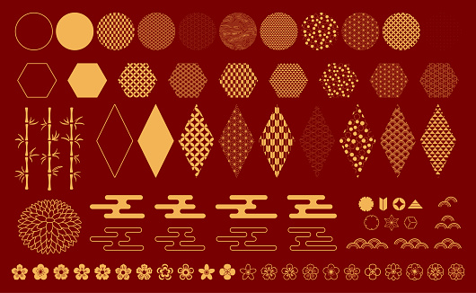Set of gold decorative elements in oriental style with chrysanthemum, bamboo, clouds, patterned geometric shapes, flowers, for Chinese New Year, Mid Autumn. Isolated objects. Vector illustration.