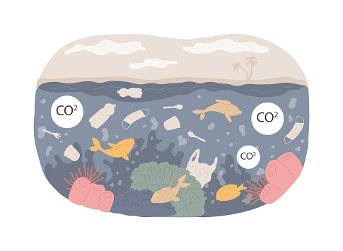 Ocean acidification isolated concept vector illustration. Environmental change, water acidification, ocean plastic pollution, carbon dioxide absorption, seawater contamination vector concept.
