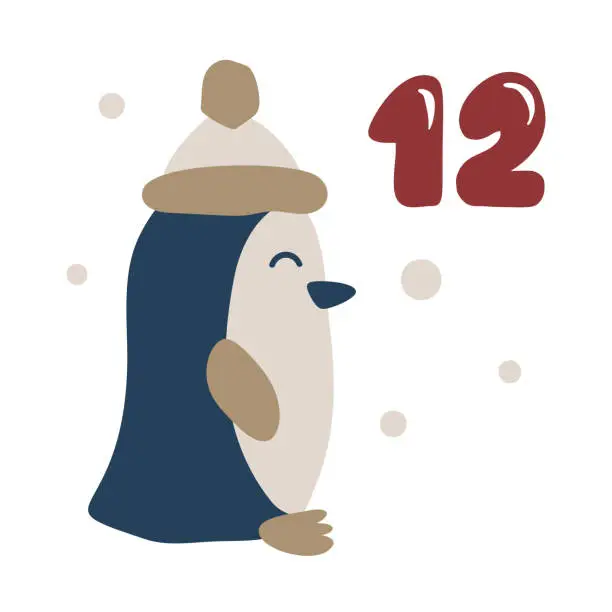Vector illustration of Christmas advent calendar with hand drawn penguin. Day twelve 12. Scandinavian style poster. Cute winter illustration for card, poster, kid room decor, nursery art