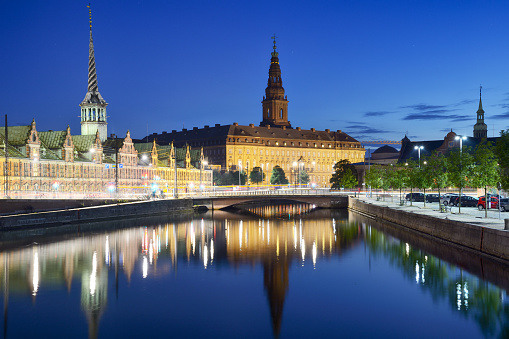 Christiansborg Palace & Stock Exchange at night, Copenhagen, Denmark
