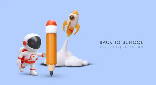 Vector illustration of Back to school. Astronaut, giant pencil, rocket launch. Preparation for study