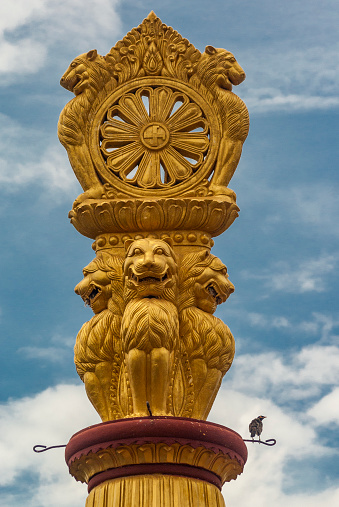 Gold plated Ashok stambh pillar in Bagan, Myanmar, Asia