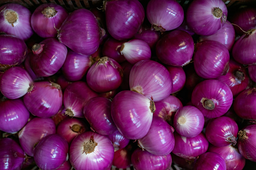 Close-up on red onions in a shelf at the supermarket in the produce aisle