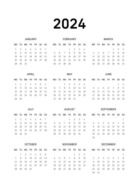 illustrations, cliparts, dessins animés et icônes de calendrier de 12 mois pour 2024, début du lundi - fond blanc - calendrier 2024