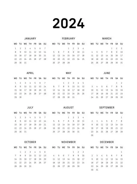 Vector illustration of 12 Month Calendar for 2024, Monday Start - White Background