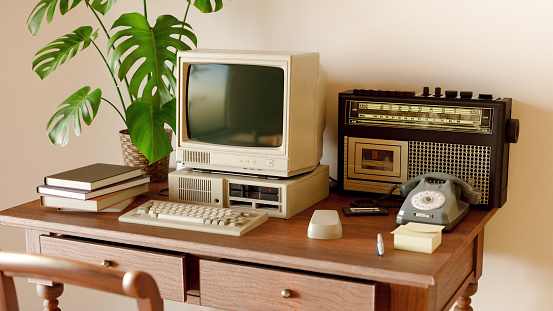 Aachen, Germany - March 14, 2014: Studioshot of an original Macintosh 128k called Apple Macintosh on white background. This was the first produced Mac, released on january 1984